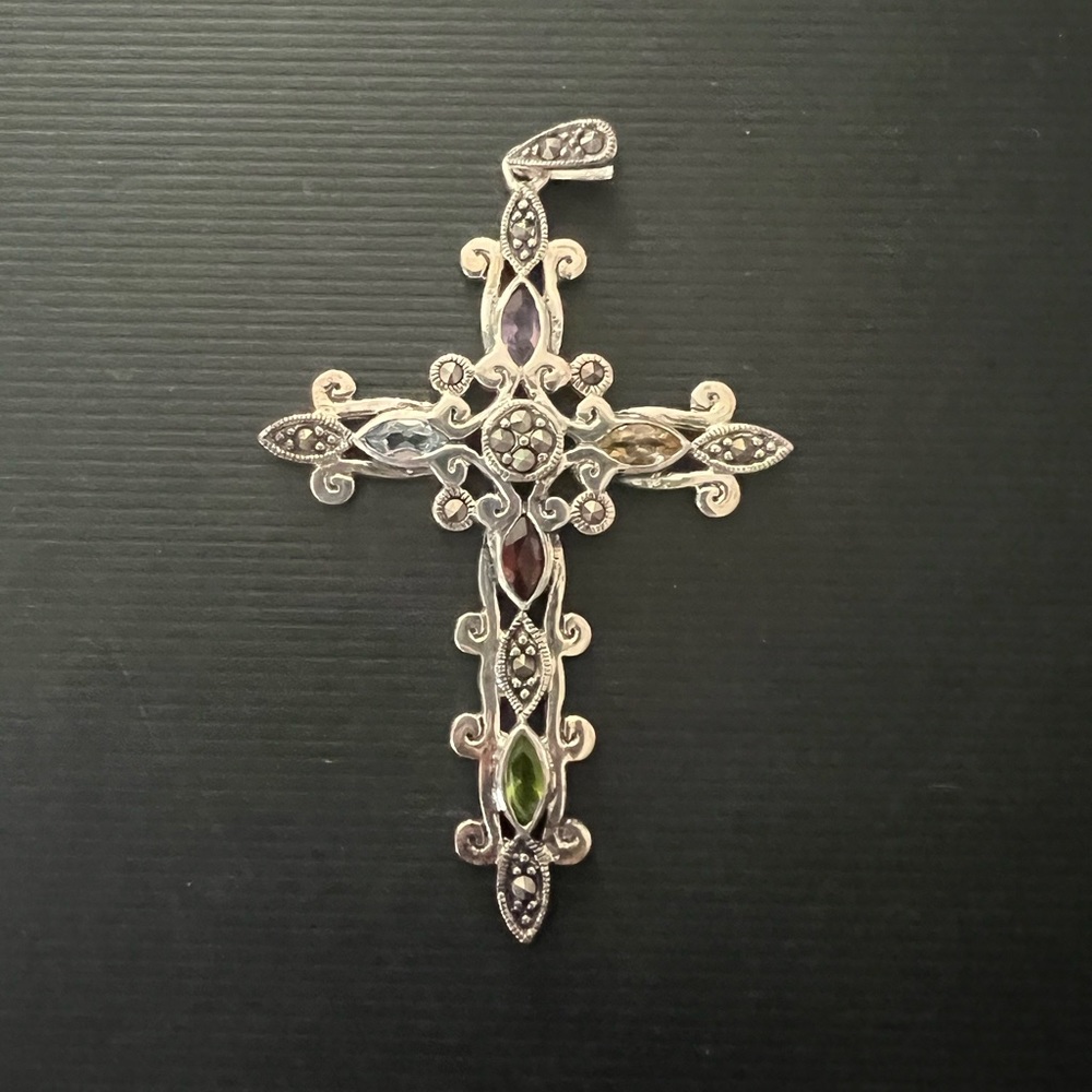Sterling Silver Genuine Marquisate Gemstone Cross Pendant